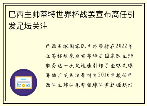 巴西主帅蒂特世界杯战罢宣布离任引发足坛关注 巴西主帅蒂特世界杯战罢宣布离任引发足坛关注